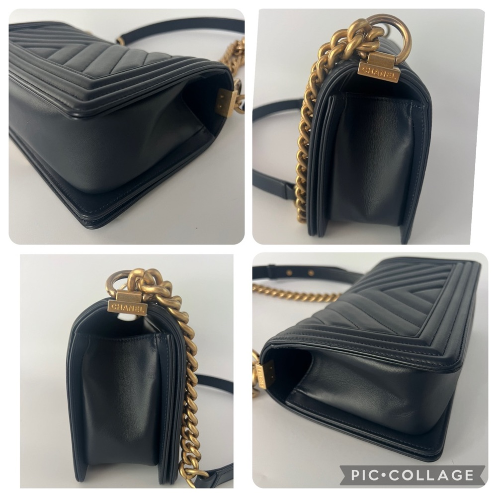 Authentic Chanel Medium Flap Lambskin Le Boy Chevron Navy & Brushed Gold - Picture 4 of 16